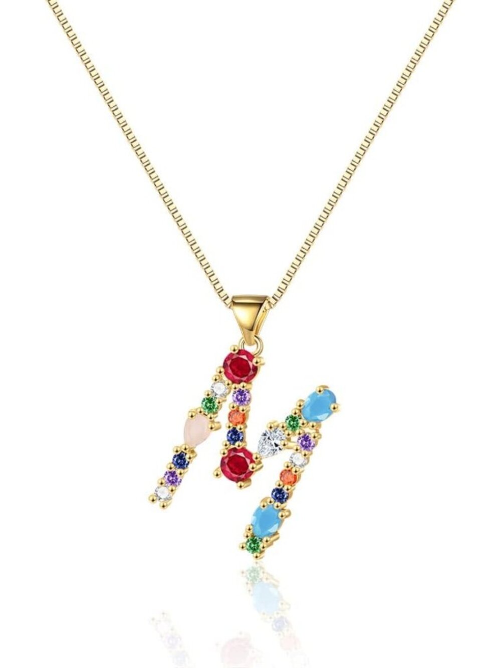 Custom 18K Gold Box Chain Choker Necklace with Multi-Color Zircon Letter Pendant